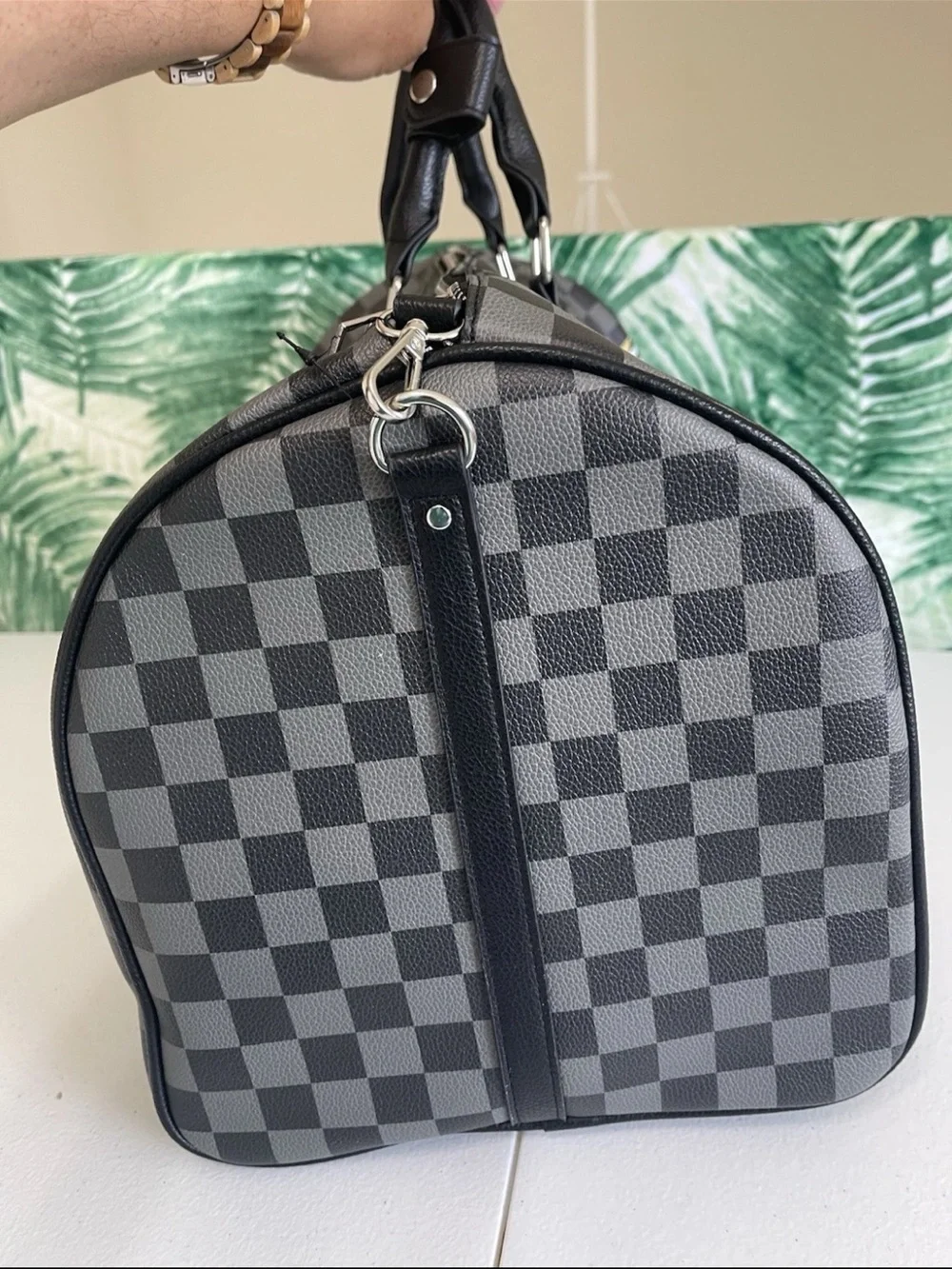 Ed Hardy Black & Gray Checkered Duffel with Colorful Eagle Heart Graphic